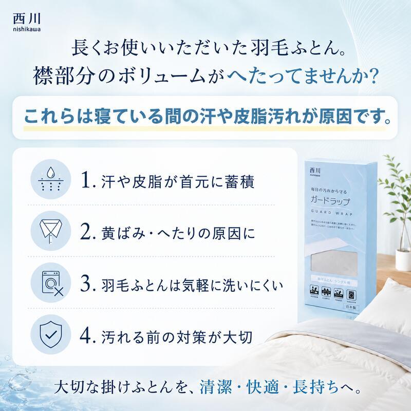 西川 ガードラップ 掛け布団用 防水シーツ シングル セミダブル ダブル 日本製 制菌加工 防水 透湿 洗える 汚れ防止 マットレスカバー ベッドシーツ シーツ内側用 汗 寝汗 おねしょ 介護 ペット対策 14cmマチ対応 アイボリー グレー