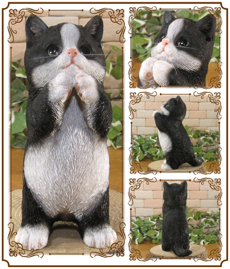 猫　置物 リアル　シンお願いキャット　１　ハチワレ　ネコ　動物オブジェ　ガーデン　オーナメント　店舗　カウンター　装飾　オブジェ　インテリア　玄関先　庭　ねこ好きさん人気ギフト　動物人気ギフト　クリスマスプレゼント　お誕生日祝い　母の日人気　父の日人気　敬老の日人気