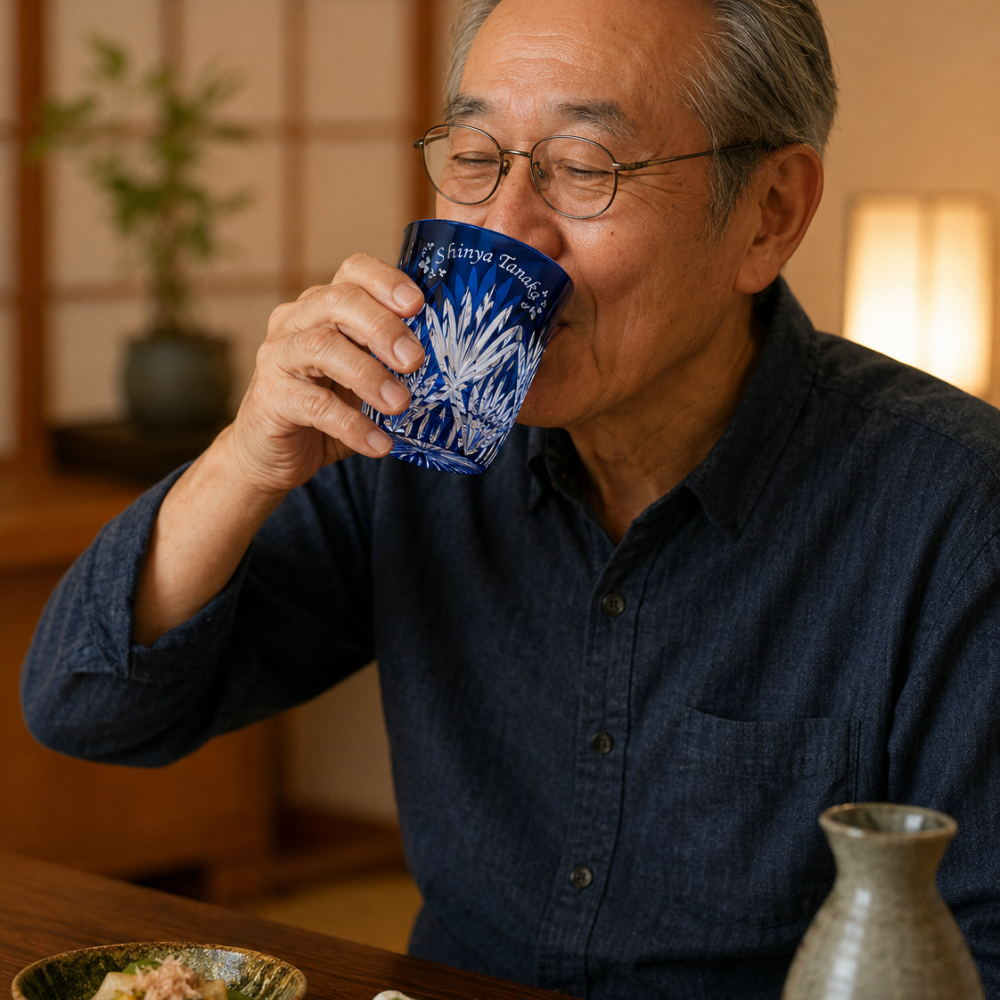 敬老の日 名入れ ギフト SXX 酒セット 芋焼酎 大海酒造 海 720ml & 切子 笹の葉紋様 ロックグラス リボン・コサージュ付 木箱入り / プレゼント ギフト 退職 記念 誕生日 還暦 古希 喜寿 傘寿 米寿 緑寿 早寿 長寿 祝い 赤 紺 紫 選べるカラー