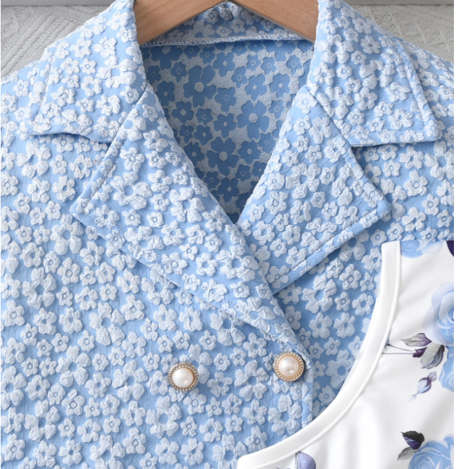 子供ドレス ピアノ発表会 ボレロ ジャケット+ワンピース　キッズ ブルー （110-160CM）パープル　ピンク 七五三 ロング パーティー プリンセス ウエディング 中学生 誕生日 入園式 入学式 演奏会 フラワーガール ギフト　花柄フォーマル２点セット　特別な日を華やかに彩る