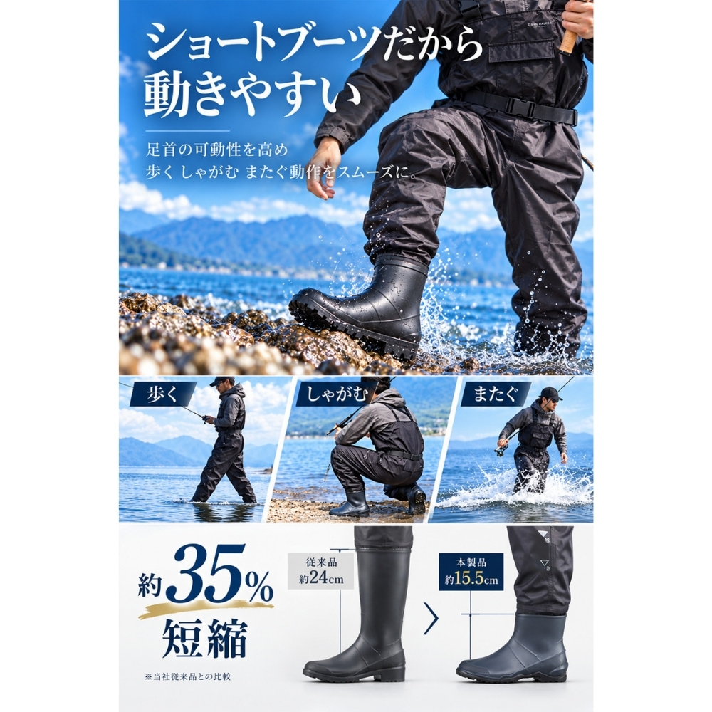 GranWalker グランウォーカー ショートブーツ チェストハイウェーダー ラジアルソール 軽量 完全防水 釣りグッズ 渓流 サーフ アウトドア用 キャンプ