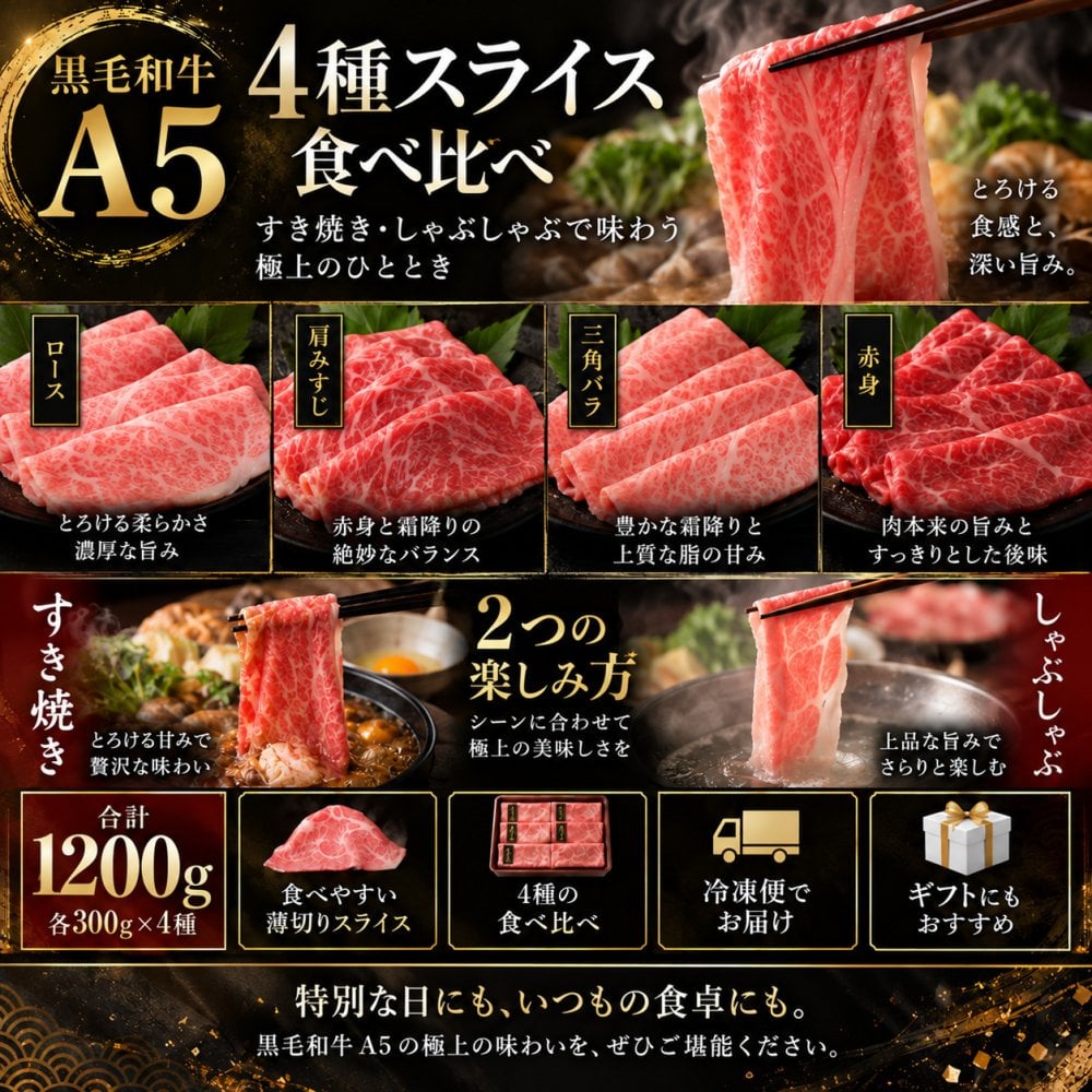 A5黒毛和牛 薄切り4種食べ比べ 1200g 400g×3パック ロース 肩みすじ 三角バラ 赤身 肉ギフト