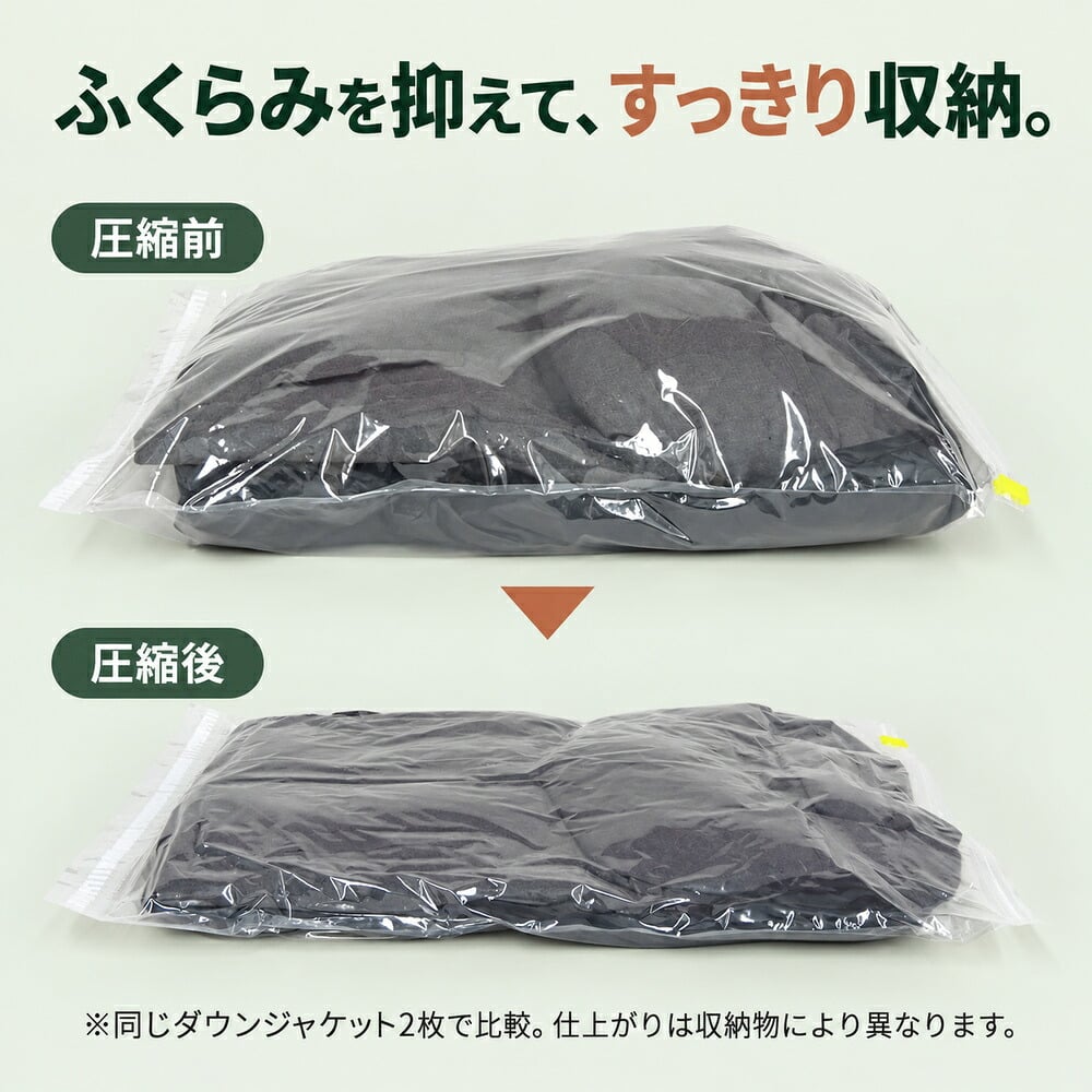 掃除機不要 大きめ衣類の圧縮袋2枚組 / 圧縮袋 衣類圧縮袋 布団圧縮袋 掃除機不要 手押し圧縮 大容量 収納袋 衣替え ダウンジャケット セーター 毛布 タオルケット 省スペース 2枚セット /掃除機なしで上から押すだけ