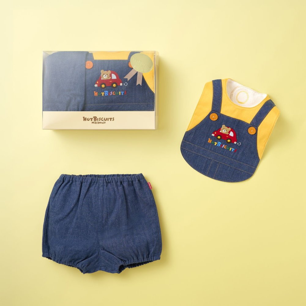 ミキハウス ホットビスケッツ★オーバーオール風スタイ&ブルマ ギフトセット【クリアケース付き】ギフトラッピング　出産祝い　誕生日　お祝い　入園祝い　キッズ服　ベビー服