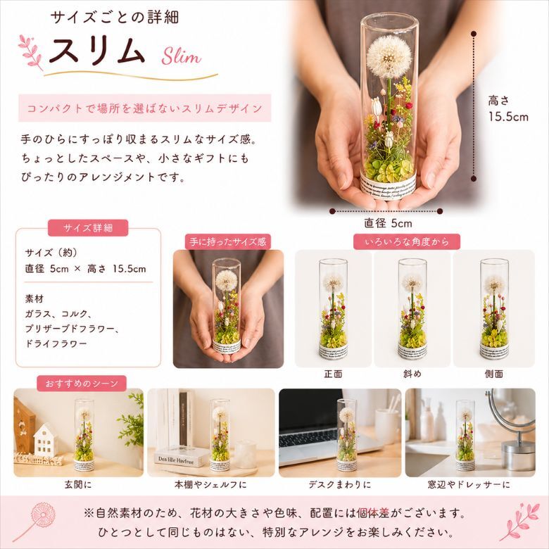 幸せを運ぶ たんぽぽの綿毛 ボトルフラワー ／プリザーブドフラワー タンポポ ドライフラワー ナチュラル インテリア おしゃれ 植物標本 花ギフト プレゼント