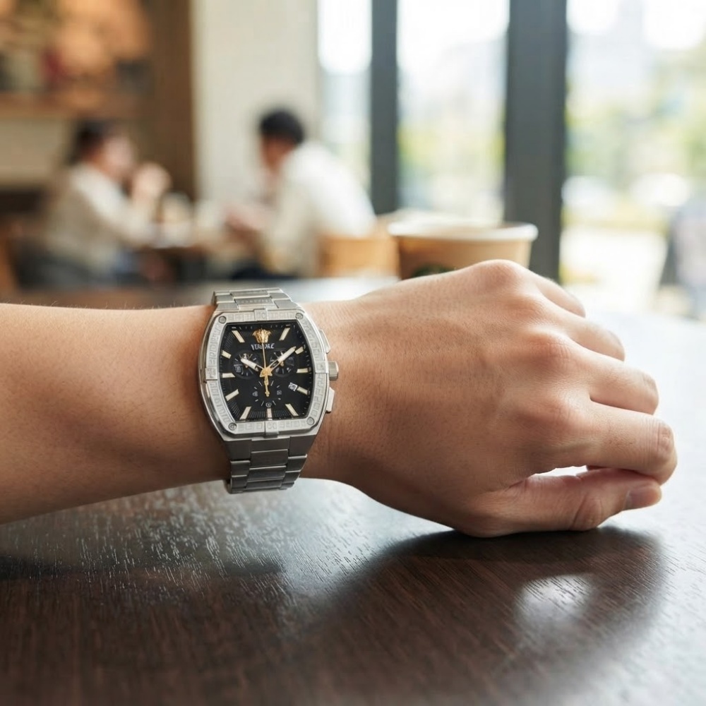 ヴェルサーチェ 腕時計 メンズ ブラック シルバー ゴールド 44mm VERSACE SPORTY TONNEAU GRECA クロノグラフ スイス製 メンズ腕時計 高級 ブランド おしゃれ プレゼント ギフト 卒業 入学 お祝い