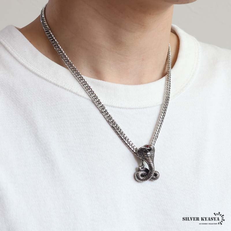 ステンレス スネークネックレス ヘビ ペンダントネックレス ダブル喜平チェーン 6面カット ごつめ シルバー 燻し アニマル ユニーク リアル 鱗 赤目 メンズ 男性 金属アレルギー対応
