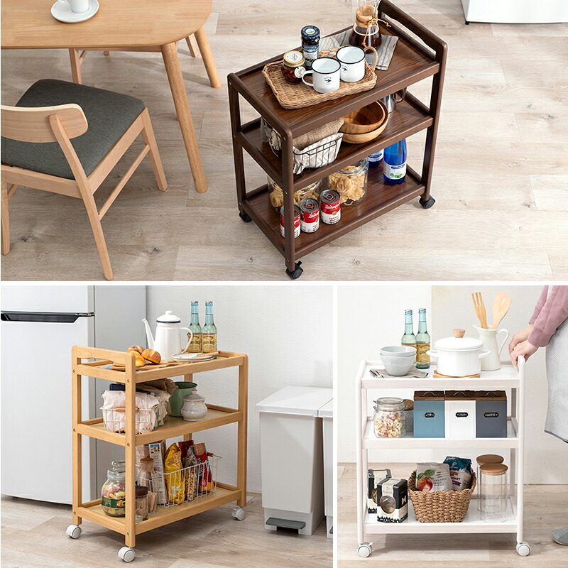 収納家具 ラック キッチンワゴン VW-7977 天然木 ワゴン 幅34×奥行59cm 木製 サブテーブル マルチ キッチン リビング コンパクト ワゴン収納 食器 調味料 作業用 キャスター付き 移動楽々