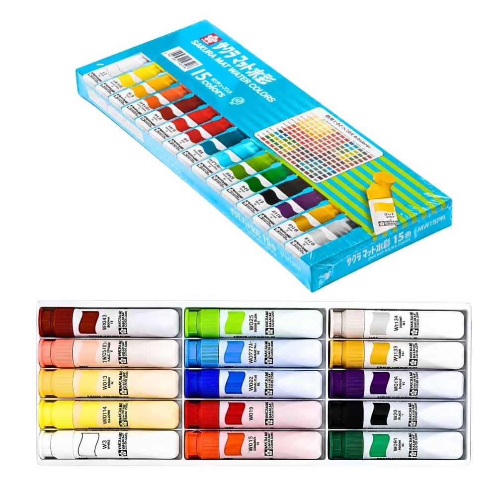 サクラ マット水彩 15色セット 金・銀入 ポリチューブ入（12ml）水彩絵の具 画材 図工 美術 小学校 中学校 NW15PR #54174 通常配送料込み