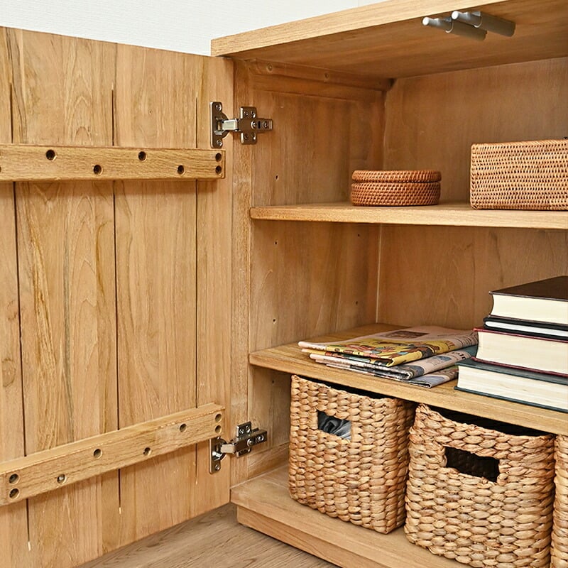 チェスト 幅120cm キャビネット シェルフ リブ デザイン 天然素材 チーク無垢 木製 アジアン 衣類 洋服 小物 収納 玄関 ディスプレイ 棚板 調整可能 北欧 モダン ナチュラル カントリー ベージュ 新生活