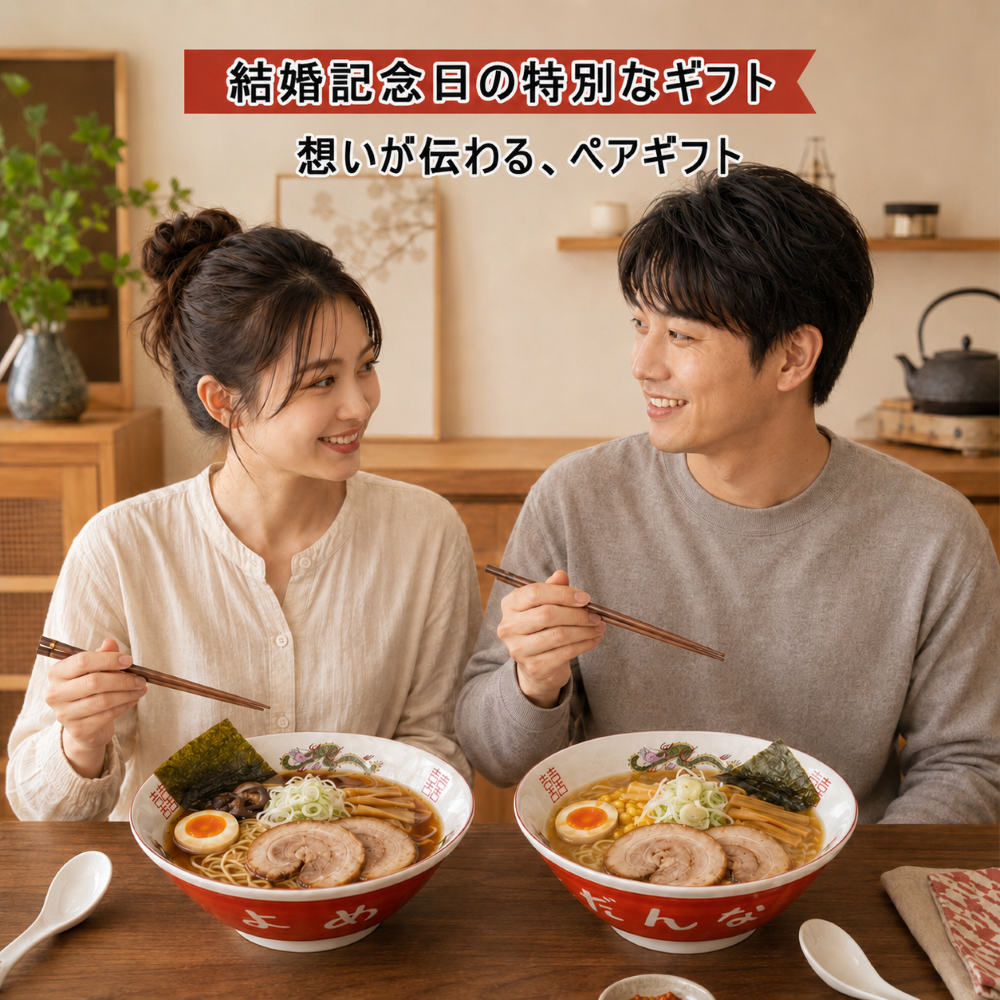 ラーメンどんぶり ペア 結婚祝い プレゼント よめ だんな 2個 ラーメン鉢 中華 食器 お祝い 贈り物 ギフト メッセージカード おもしろ 碗 電子レンジ 食洗機OK