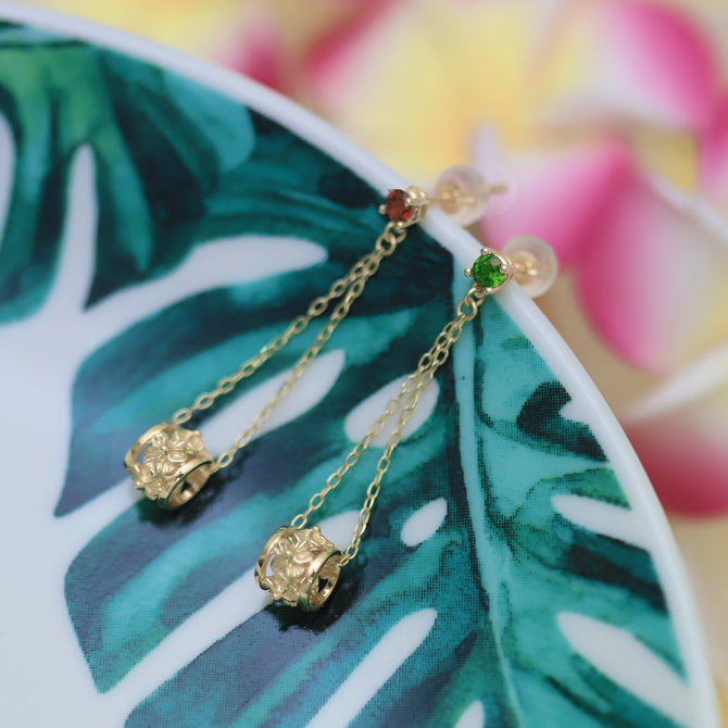 ハワイアンジュエリー ゴールド ピアス イエローゴールド ピアス 透かしバレル チェーン カラーストーン 誕生石 選べる プルメリア ハイビスカス 揺れる 片耳(1個)購入可 K14 14K シリコンキャッチ 20G ゲージ プレゼント ハロウィン 【品番：GE302】