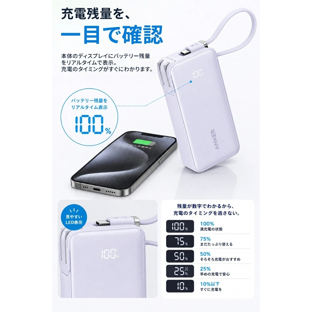 Anker Power Bank A1637 10000mAh Fusion モバイルバッテリー 最大30W USB-Cケーブル内蔵 コンセントプラグ搭載 ギフト 彼氏 誕生日 ガジェット プレゼント 