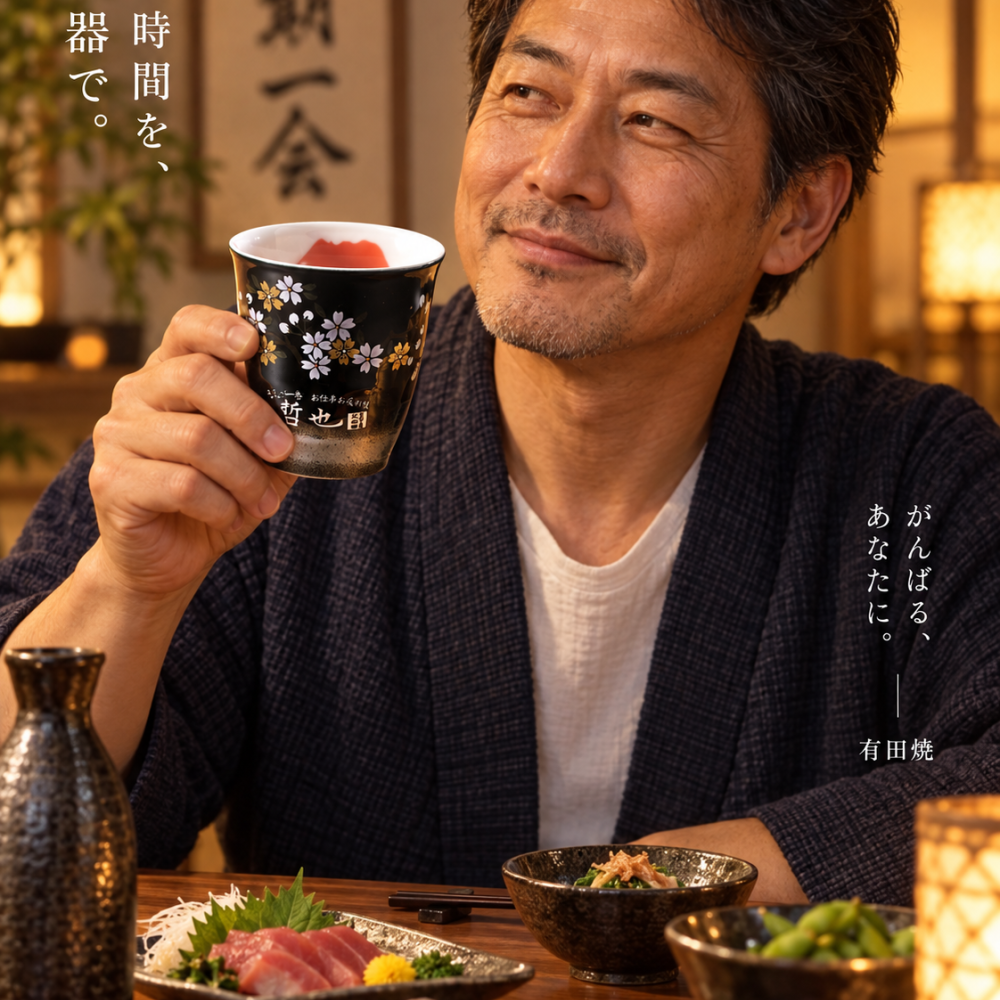退職 異動 名入れ 有田焼 陶器 開運赤富士 縁起の良い　焼酎カップ  単品　木箱入り　還暦祝　退職祝い　