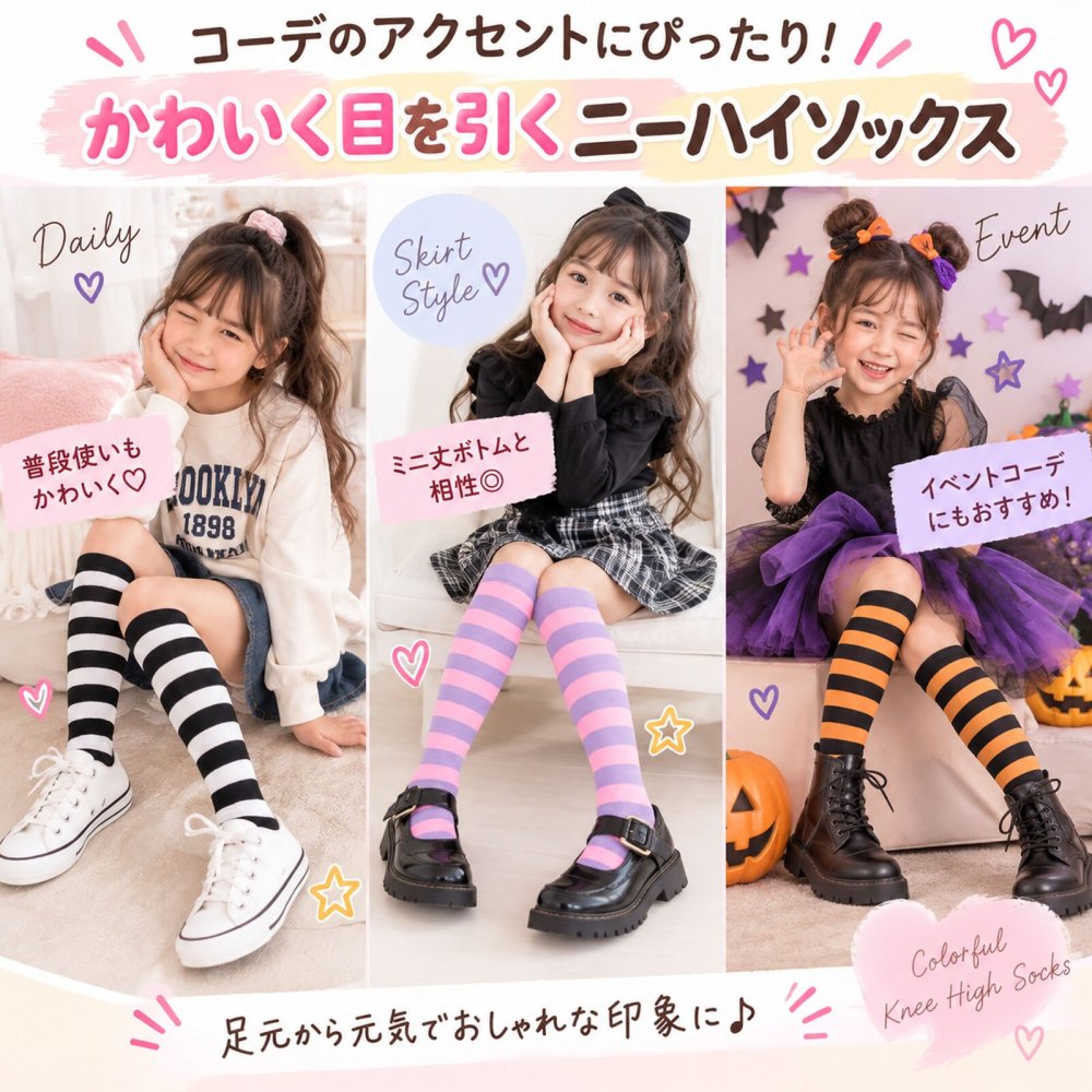 キッズ ニーハイソックス ボーダー 靴下 1足 単品 9色 約16～22cm 約33cm ロング丈 カラーソックス 子供 ジュニア ハイソックス 女の子 男の子 ハロウィン クリスマス ダンス 発表会 衣装 イベント パーティー まとめ買い 色違い お揃い 友達 姉妹 兄弟 プレゼント