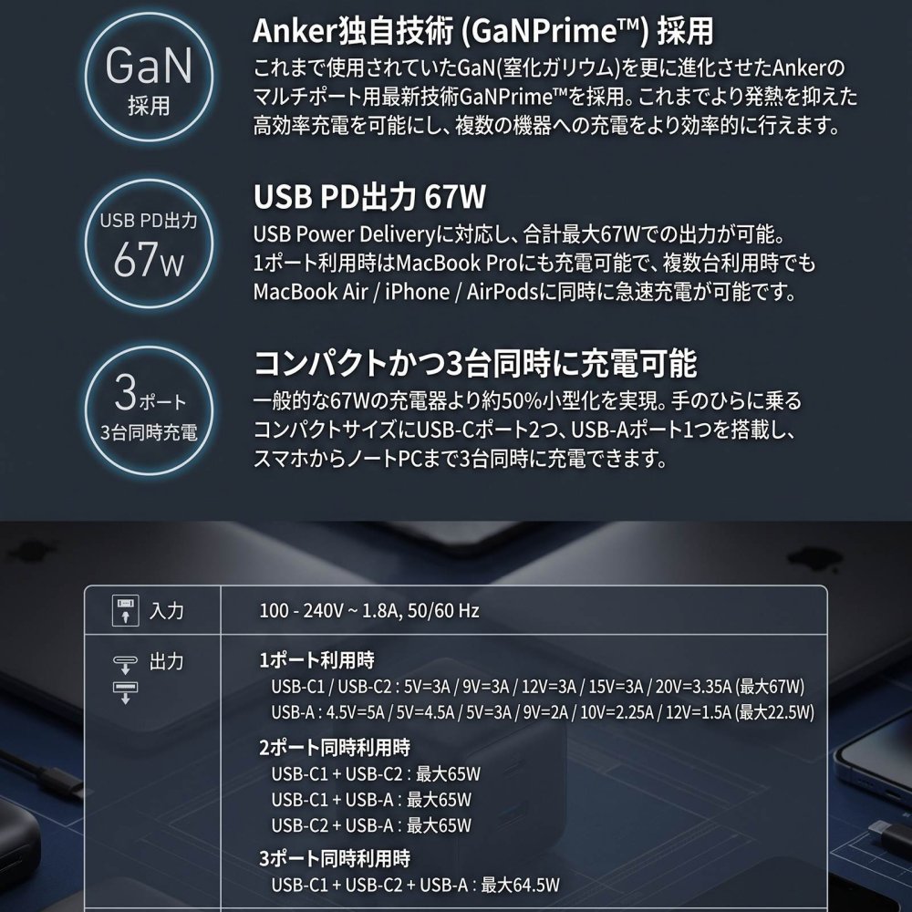 【ラッピング無料】Anker アンカー Prime Wall Charger 67W USB急速充電器 3ポート GaN コンパクト 折りたたみ式 スマホ PC充電 誕生日 ギフト プレゼント