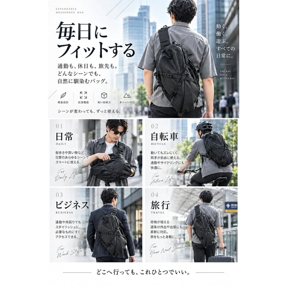 【ラッピング無料】Gran Walker ALPHA-PACK 23L 大容量 拡張式 ボディバッグ メンズ 多機能 スリングバッグ ガジェット収納 通勤 通学 旅行 ギフト 釣り キャンプ