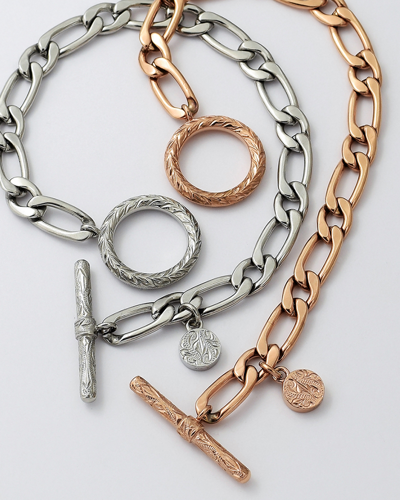 ハワイアンジュエリー ペアブレスレット つけっぱなし イニシャル 刻印 ステンレス 金属アレルギー ブランド 大人 シンプル マンテル トグル Tバー フィガロチェーン サージカルステンレス 2本セット クリスマス 記念日 プレゼント テラグラティア Terra-gratia PairBracelet【gbss211pair】