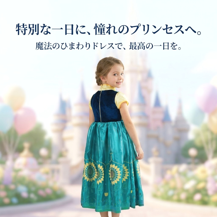 【アウトレット/新品】プリンセス ドレス 子供 キッズ ワンピース 女の子 なりきり コスプレ 仮装 コスチューム お姫様 ひまわり 花柄 グリーン 誕生日 バースデー プレゼント 発表会 ハロウィン クリスマス テーマパーク お出かけ 衣装 こども 子ども 春 夏 秋 冬