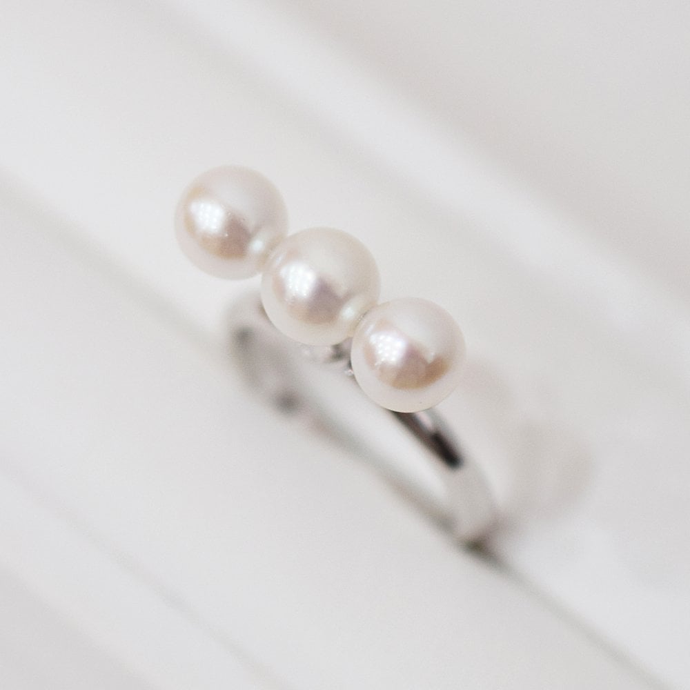 ［pearl611］6mm - 6.5mm 3連 ライン リング ホワイトピンク あこや真珠 SV925 シルバー