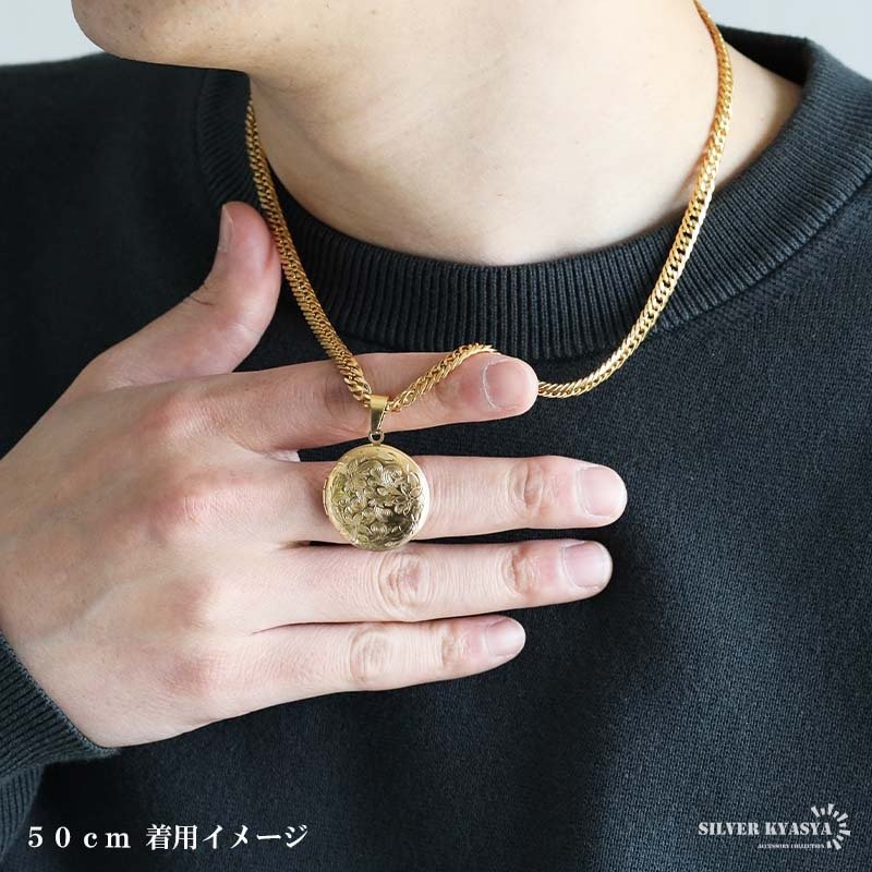 ステンレス ロケットネックレス ダブル喜平チェーンネックレス ロケットペンダント フラワーネックレス 写真 記念 思い出 ハワイアンネックレス 50cm 60cm 18KGP ゴールドネックレス シルバー 花 6面カット メンズ 男性 金属アレルギー対応