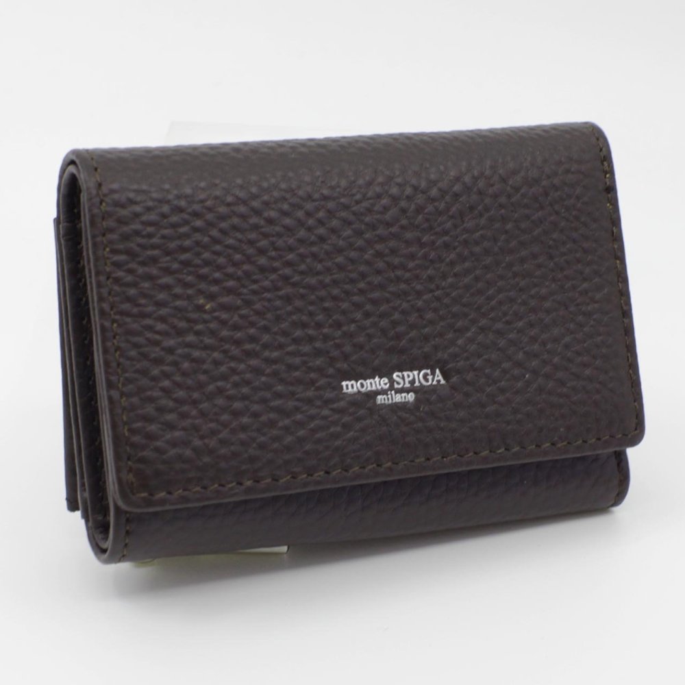 モンテスピガ　monte SPIGA　三つ折り財布　コンパクト財布　MOSMSP501DBR　ダークブラウン　濃茶　シュリンクレザー　牛革　トライフォード ウォレット