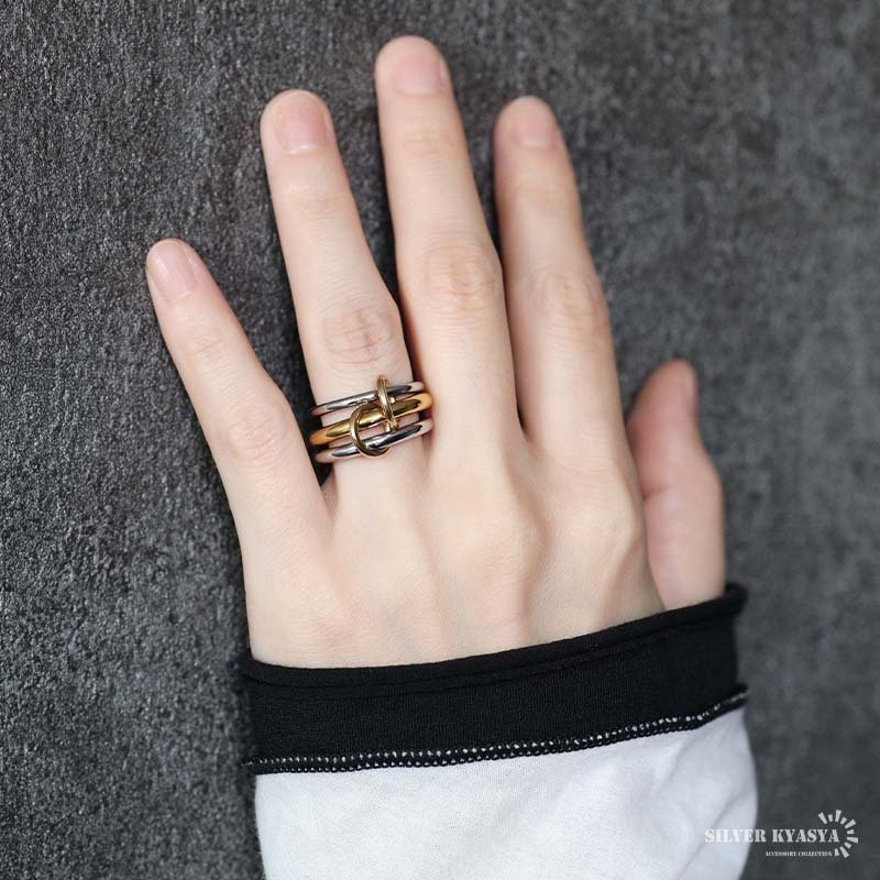 ステンレス 3連リング コネクテッドリング ごつめ ワイド ボリューム ゴールド シルバー コンビ 指輪 重厚感 太め 大きめ 存在感 メタル お洒落 重ね 大人っぽい プチプラ レディース 女性 金属アレルギー対応