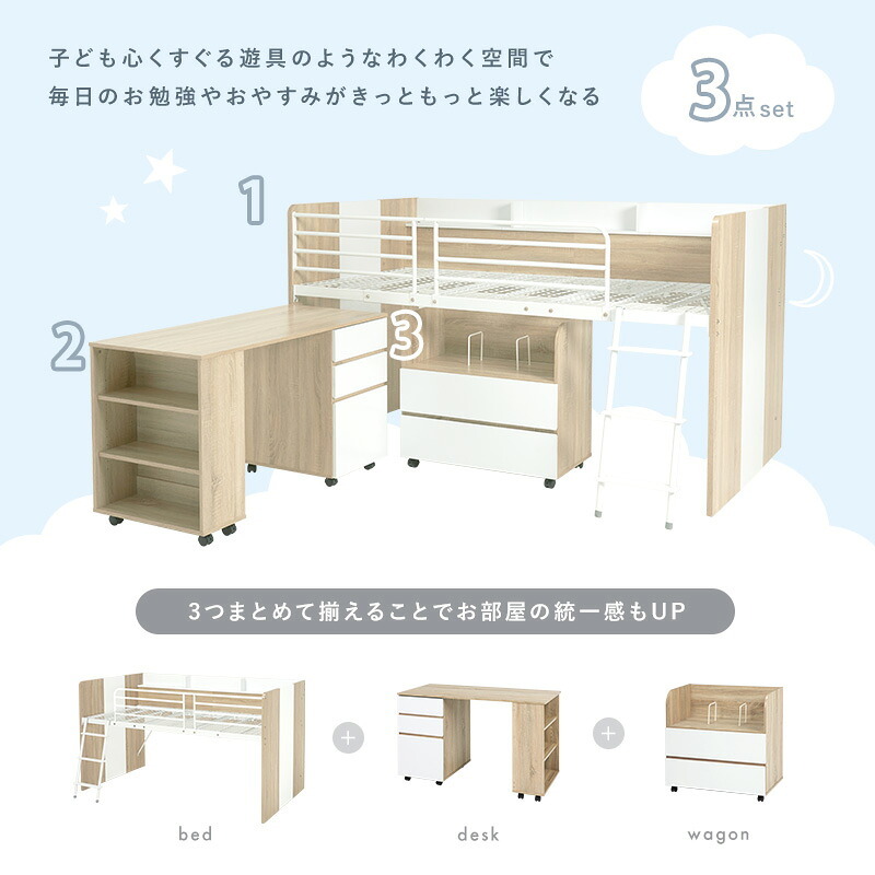 学習机 システム RB-1642S デスク+ワゴン+ 3点セット ロフト 下収納 キャスター付き デスク 学習デスク 勉強机 サイドワゴン かわいい 子供部屋 キッズ家具 子ども部屋 進学 入学 ワゴンの付いたシステムベッド スチール インテリア 新生活