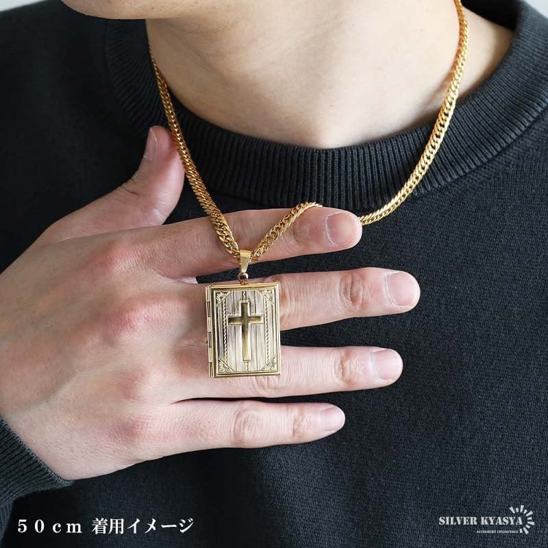 ステンレス ロケットネックレス HIPHOP ダブル喜平チェーンネックレス ロケットペンダント クロスネックレス 写真 記念 思い出 50cm 60cm ゴールドネックレス 18KGP シルバー 十字架 6面カット メンズ 男性 金属アレルギー対応