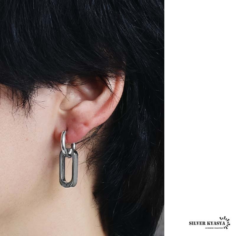 ステンレス チェーンの一コマピアス ドロップ リンクチェーン フープピアス ごつめ 揺れる かっこいい シルバー 片耳1点 大きめ 存在感 メタル メンズ 男性 金属アレルギー対応 イヤリング