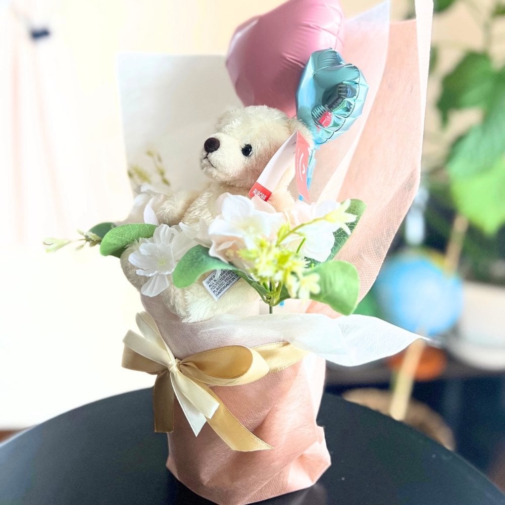 くま入り バルーンフラワーブーケ 花束 ハートバルーン ギフト 誕生日 プレゼント 発表会 卒業祝い 入学祝い 結婚祝い 記念日 女性 女友達 子供 お祝い ぬいぐるみ おしゃれ かわいい バルーンブーケ フラワーギフト ピンク ブルー ブラウン
