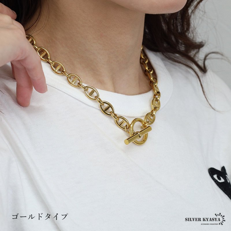 ステンレス マンテルネックレス アンカー チェーンネックレス 18KGP ゴールド シルバー シンプル 存在感 メタル お洒落 錨 レディース 女性 金属アレルギー対応
