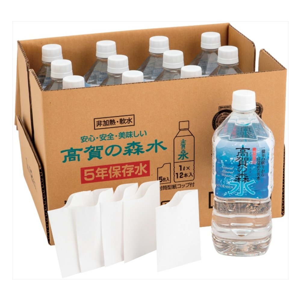 高賀の森水 5年保存水 軟水 1L×12本 簡易コップ付き 防災備蓄水 非常用飲料水 長期保存水【北海道・沖縄県・離島 配送不可】