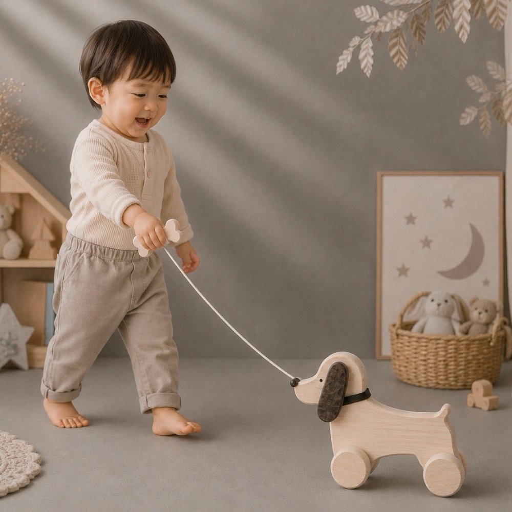 国産ヒノキのコロコロお散歩わんこ｜選べる3種類・犬の木製おもちゃ｜引っ張って遊べる木のおもちゃ｜出産祝い
