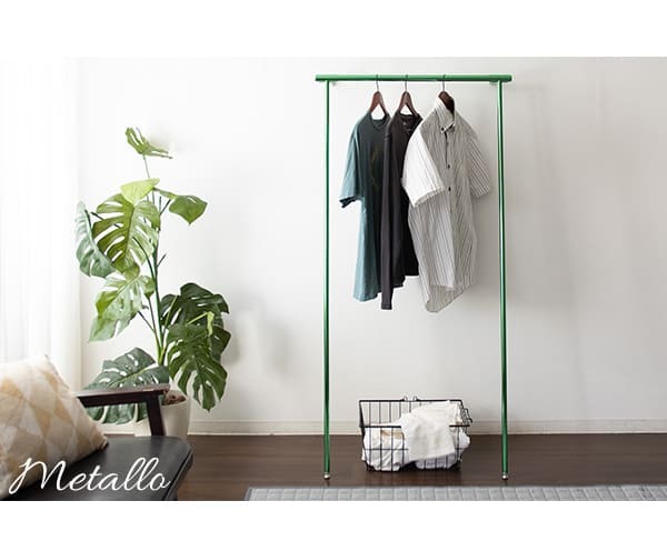 ラック メタリック室内物干し 2色対応 H150cm メッキ ハンガー コート掛け コートハンガー ハンガーパイプ 収納 物干し 洗濯干し衣類収納 幅75.5cm グリーン スチール 立て掛け型 スリム 省スペース 頑丈 組立品 新生活