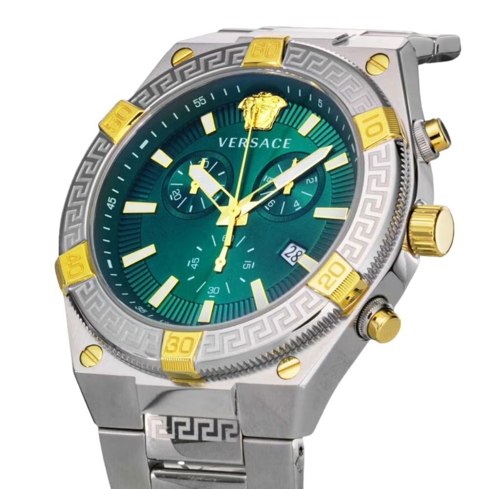 ヴェルサーチェ 腕時計 メンズ グリーン シルバー ゴールド クロノグラフ 46mm VERSACE SPORTY GRECA スポーティ グレカ スイス製 メンズ腕時計 高級 ブランド おしゃれ プレゼント ギフト 卒業 入学 お祝い