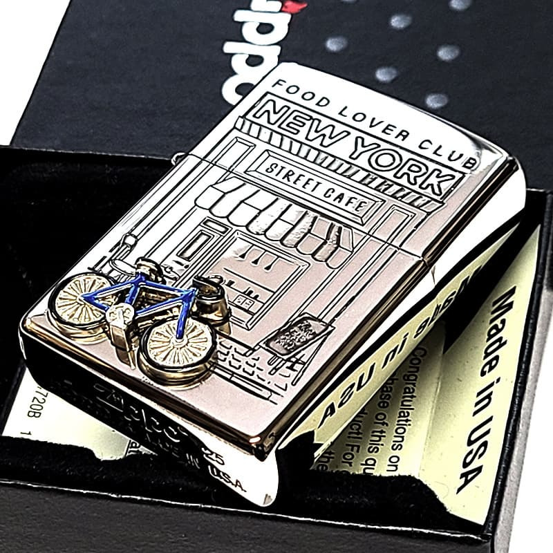 ZIPPO ニューヨーク 自転車 ジッポ ライター かわいい ブルー 重厚立体メタル 両面加工 シルバー おしゃれ 女性 NEW YORK アメリカ FOOD LOVER CLUB おしゃれ 銀 彫刻 レディース ギフト メンズ プレゼント