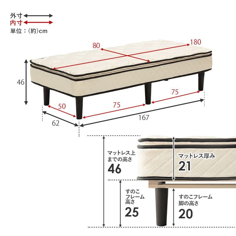 ベッド 寝具 ポケットコイルマットレス 幅80cm 奥行き180cm 高さ46cm マットレス付き すのこ セミシングルショート 収納 マットレス ロータイプ ハイタイプ 頑丈 寝室 下収納 シンプル