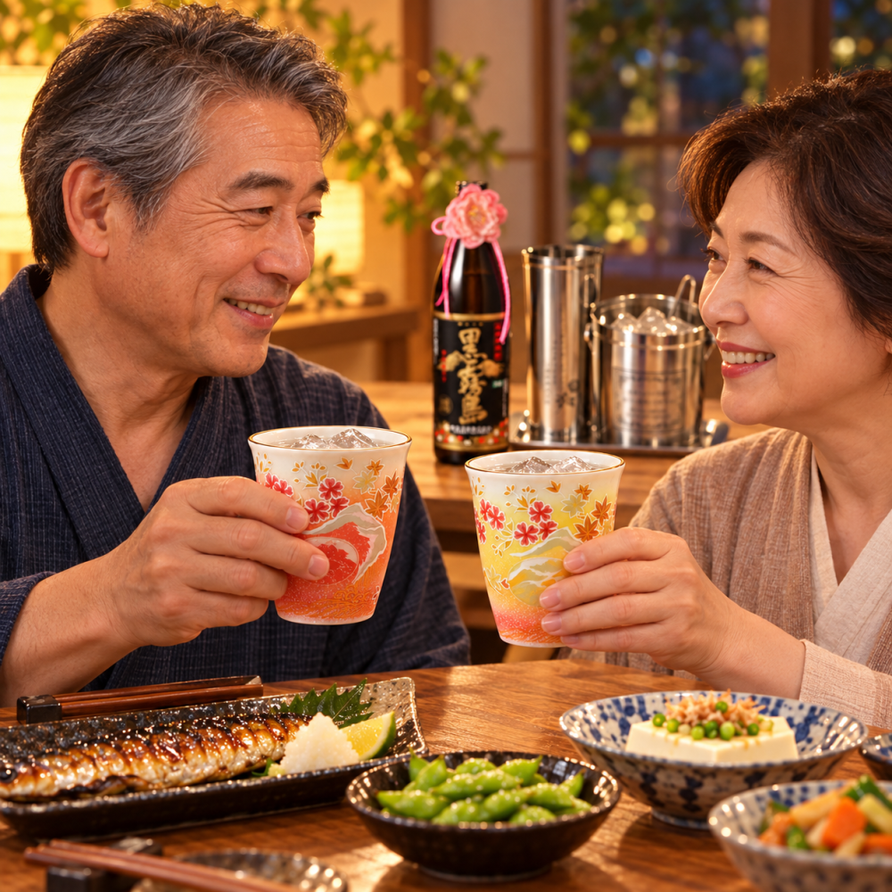 退職 異動 名入れ ペアギフト SXX 酒セット 芋焼酎 霧島酒造 黒霧島 900ml & 有田焼 桜もみじプレミアムフリーカップ 2点 紐リボン・コサージュ付 ギフトBOX入り / プレゼント ギフト 両親 夫婦 結婚 金婚式 銀婚式 退職 記念 誕生日 長寿 祝い 選べるカラー