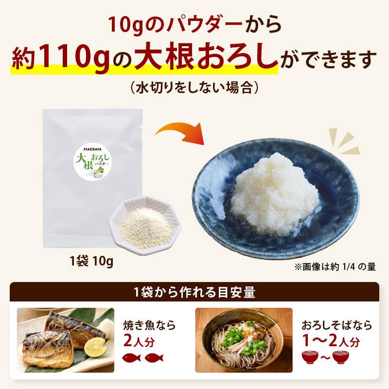 前田家 大根おろし 粉末 パウダー 熊本県産 2袋/5袋/10袋 (1袋10g 約2人分) 原材料は大根だけ 水を加えて5分 常温保存 乾燥 だいこんおろし 薬味 焼き魚 おろしそば 一人暮らし 送料無料 MAEDAYA