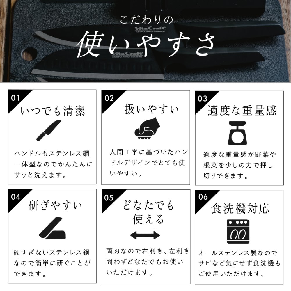 ペティナイフ ビタクラフト ソリッドナイフ ブラック Vita Craft SOLID KNIFE THE UTILITY VC-SK01U BK 果物ナイフ 小型包丁 オールステンレス 一体型 先端波刃 刃渡り12.2cm 軽量 食洗機対応 皮むき フルーツ 野菜 下ごしらえ 卓上 料理 結婚祝い 新生活 プレゼント ギフト