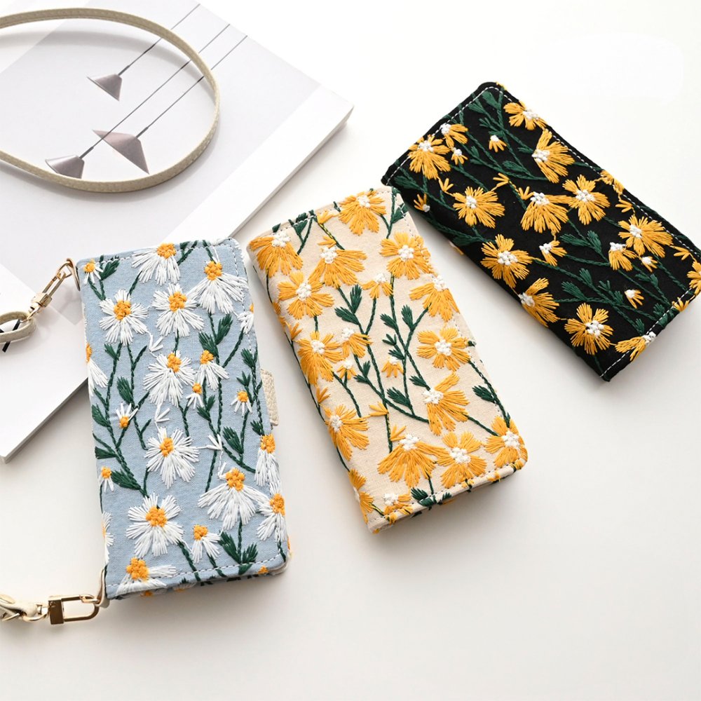 多機種対応 スマホケース 手帳型 【 デイジーシャワー 刺繍 】 スマホショルダー サイドマグネット ニュアンスカラー