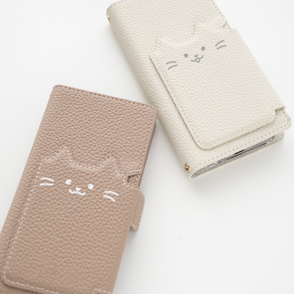 多機能対応 スマホケース 手帳型 【 クイックカードポケット付き ねこフラップ -シンプルフェイス- 】 ミラー付き スタンド ねこ くすみカラー プレゼント iPhone Google