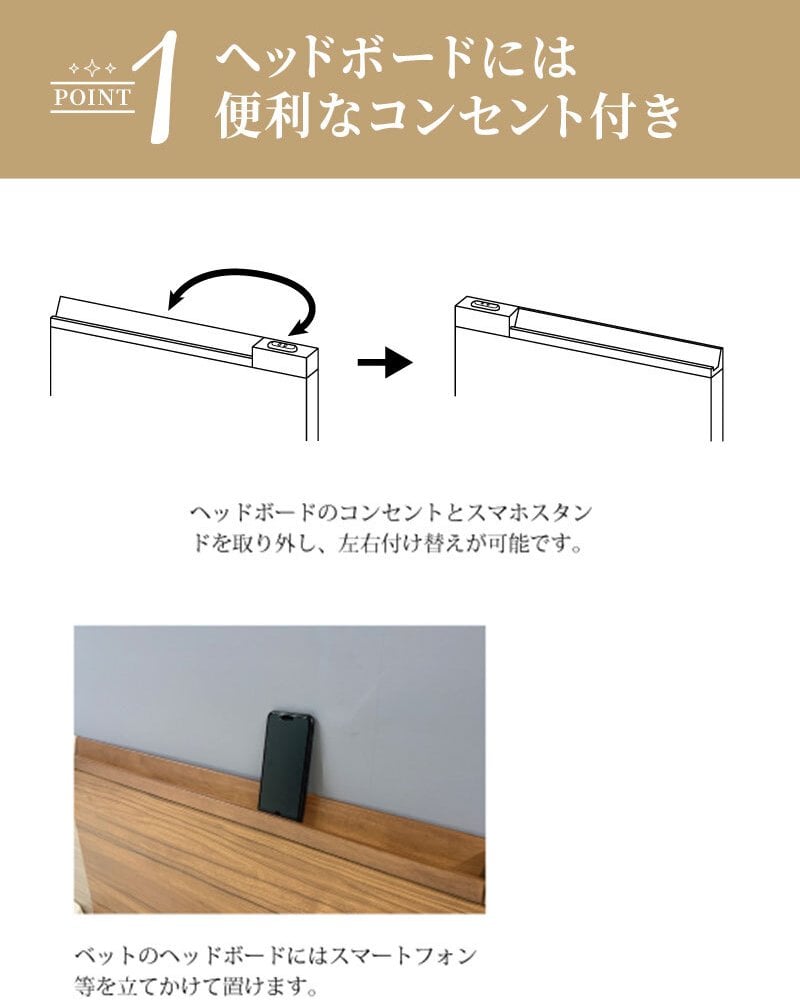 ベッド 寝具 セミダブル フレーム スマホスタンド 2口コンセント付き お掃除ロボット対応 シンプル ホテルスタイル グレー 北欧 モダン 新生活 寝室 コンセント位置変更可能