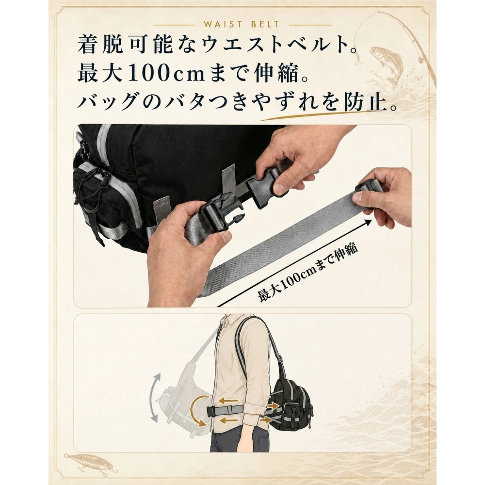 【ラッピング無料・レビュー投稿で保証120日】釣り用品 Gran Walker グランウォーカー ワンショルダー タックルバッグ 約6.5L ロッドホルダー ウエストベルト付き 釣り バッグ ギフト アウトドア用 キャンプ 