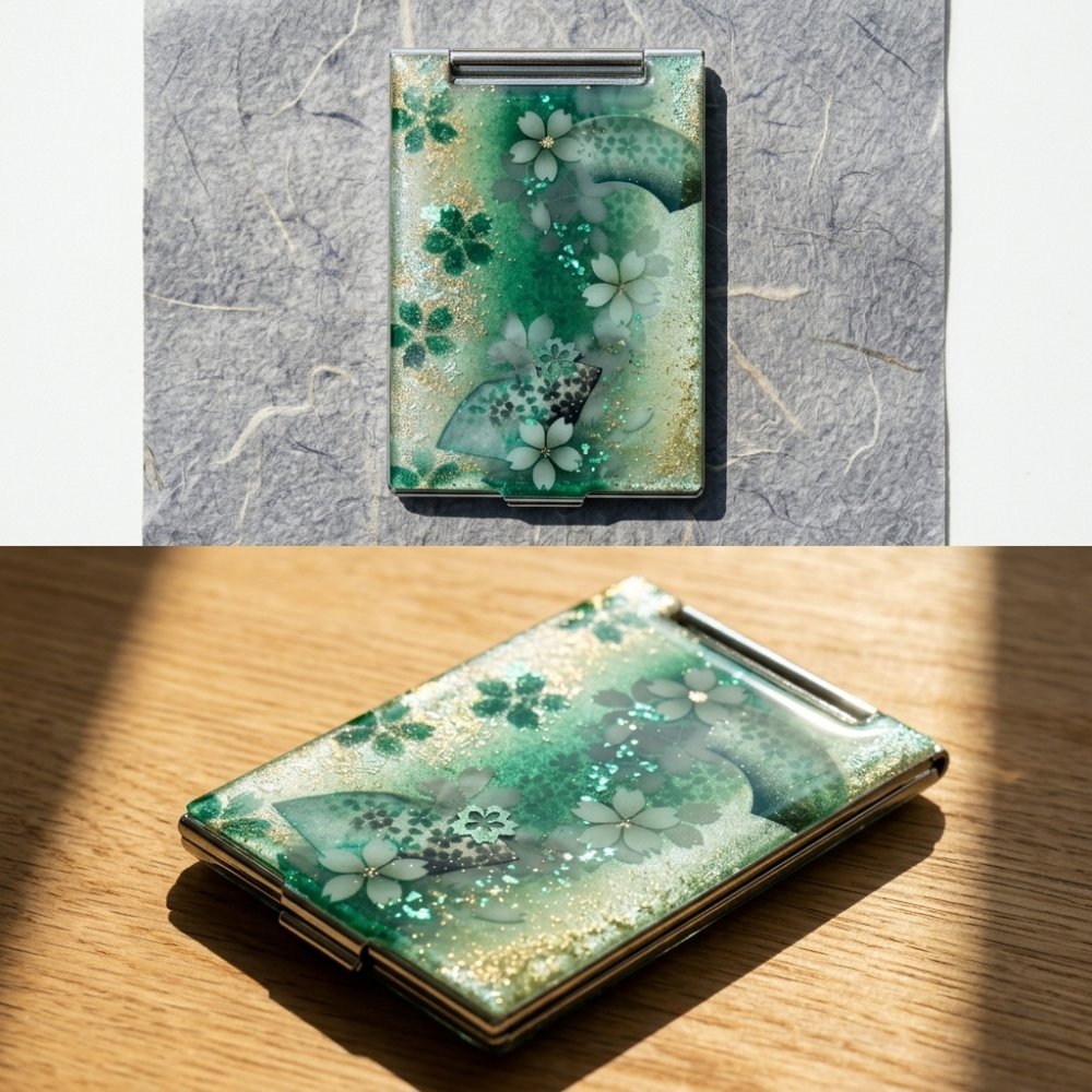 コンパクトミラー『湯』名入れ 送料無料 和柄 和風 和モダン 和雑貨 和小物 手鏡 折りたたみ 桜 伝統工芸 職人 手作り ハンドメイド 記念日 プレゼント ギフト クリスマス
