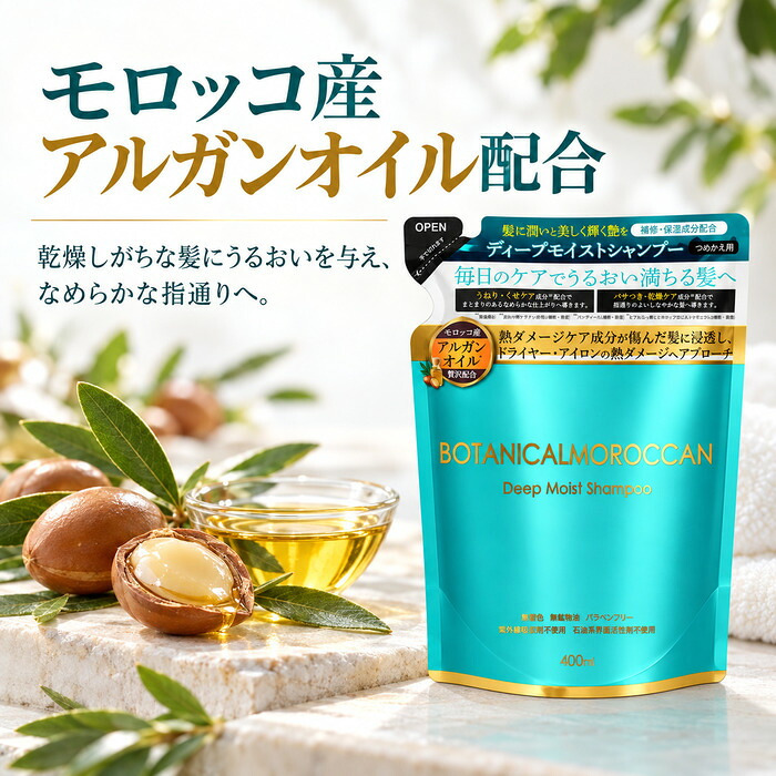 MOROCCANボタニカルシャンプー 400ml / モロッカンシャンプー アルガンオイル ボタニカル 保湿 うねり くせ毛 パサつき ダメージケア セラミド ケラチン シルク しっとり / アルガンオイルと16種の保湿成分