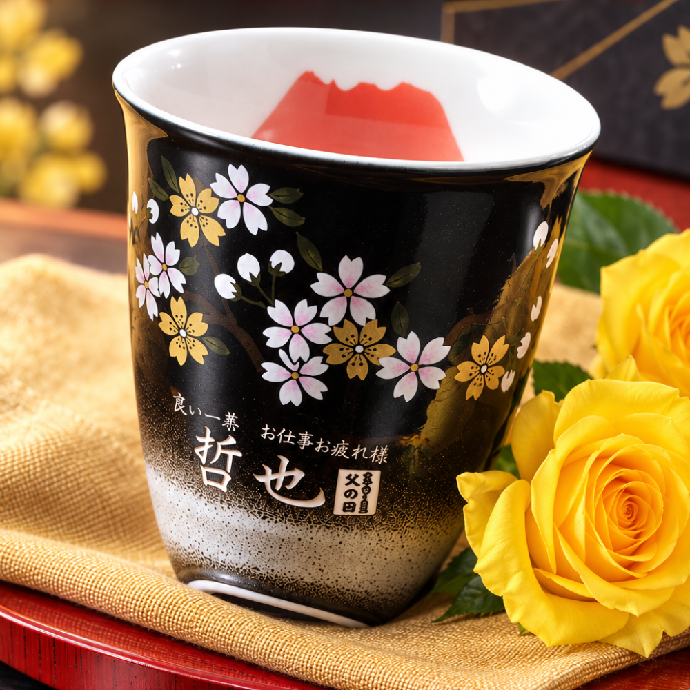 退職 異動 名入れ 有田焼 陶器 開運赤富士 縁起の良い　焼酎カップ  単品　木箱入り　還暦祝　退職祝い　