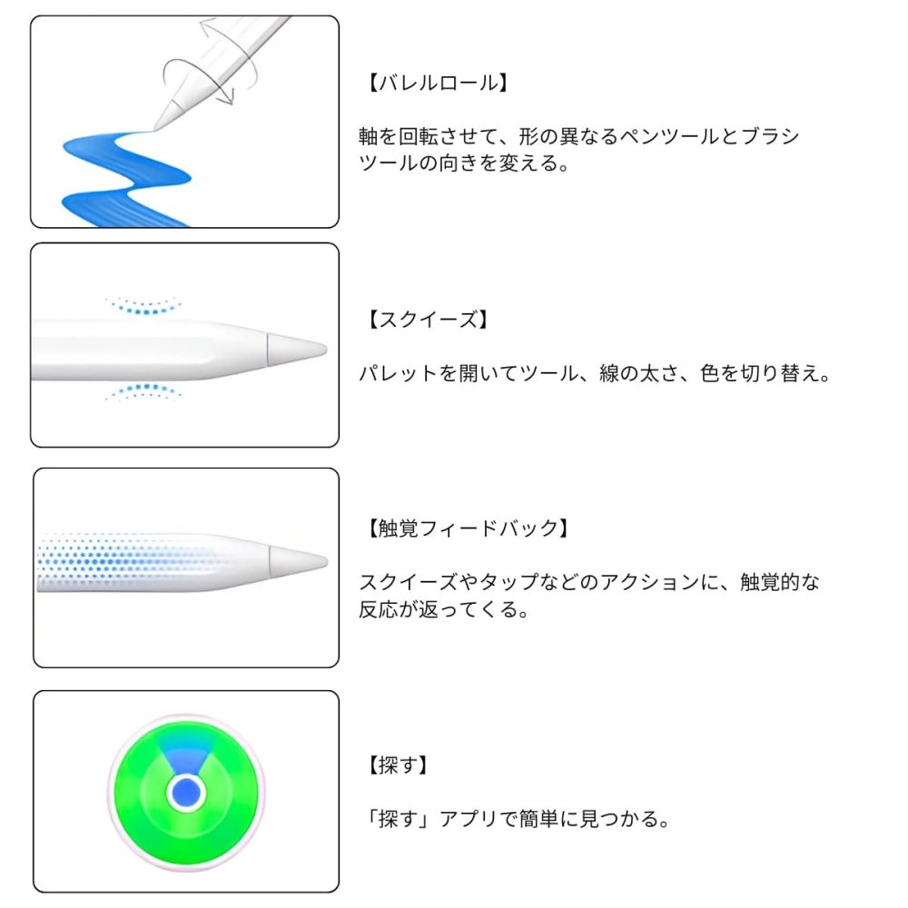 Apple Pencil Pro (アップルペンシル プロ) MX2D3ZA/A ペアリングや充電はワイヤレス 接続:Bluetooth 探すアプリで紛失時の位置を特定 iPadOS:17.5以降 長さ:166 mm 直径:8.9 mm 重量:19.15 g ※パッケージデザインは予告なく変更されることがございます。