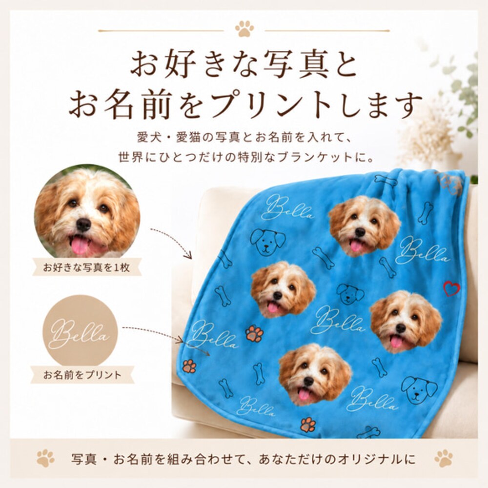 ペット ブランケット 写真入り オーダーメイド 犬 猫 愛犬 愛猫 誕生日 プレゼント クリスマス 母の日 父の日 敬老の日 記念日 うちの子グッズ オリジナルギフト 名前入り 名入れ 犬猫柄 ひざ掛け 防寒 あったかグッズ 犬好き 猫好き ペット好き 家族 ギフト 贈り物 お祝い 記念品 インテリア ソファ お昼寝 昼寝 毛布 ペット写真 愛犬グッズ 愛猫グッズ 犬用品 猫用品 オーダーギフト